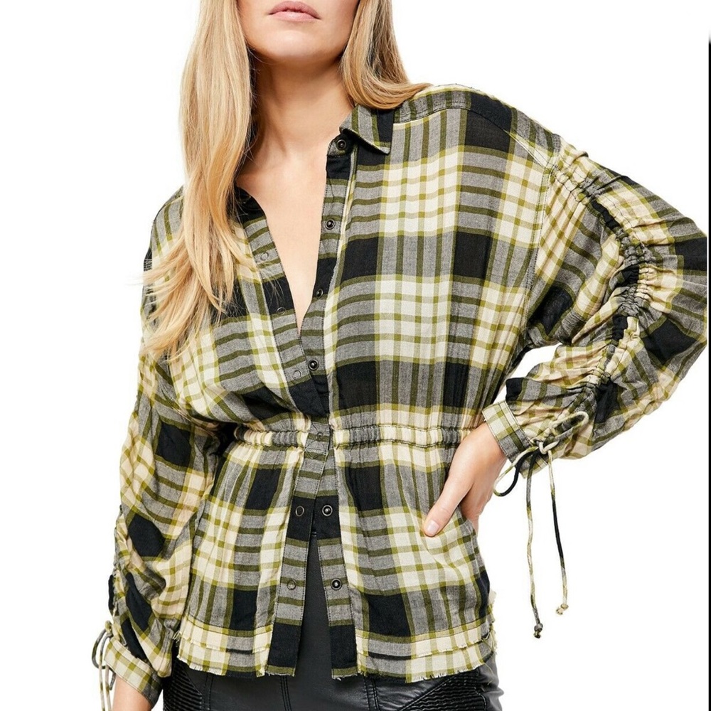 Free People Pacific Dawn Black Plaid Top Sz S